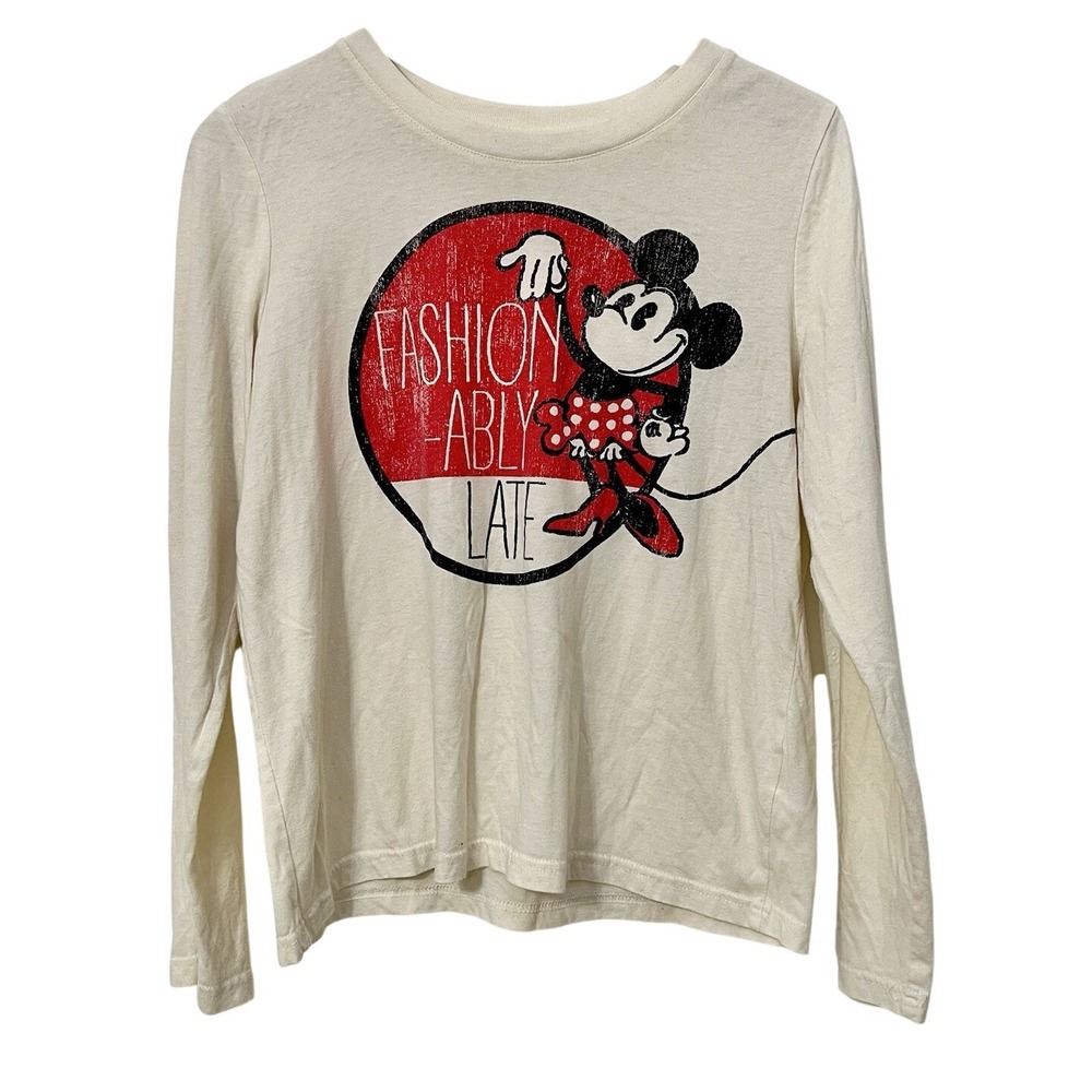 Disney Minnie Mouse Fashionably Late Graphic Tee Long Sleeve Vacation Cotton